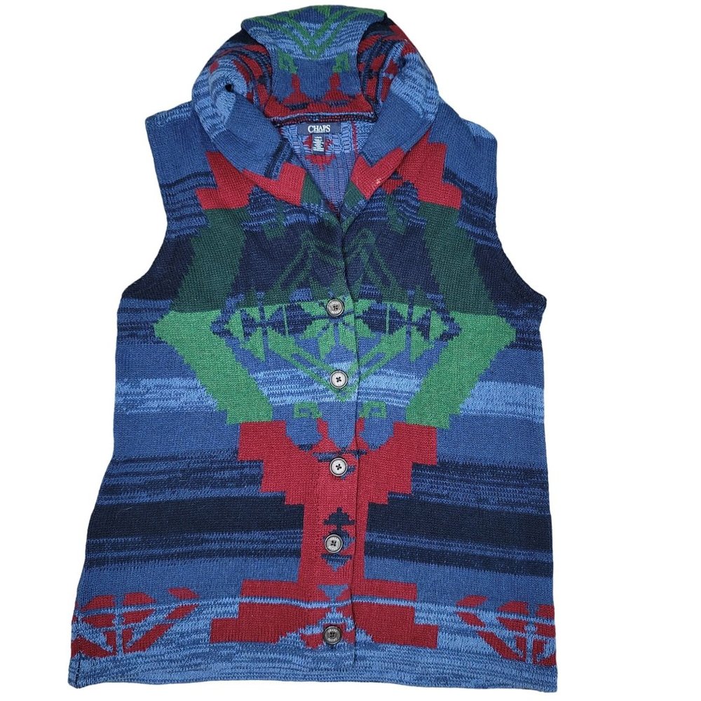 Chaps geometric knit sleeveless sweater vest blue green red cotton blend Large